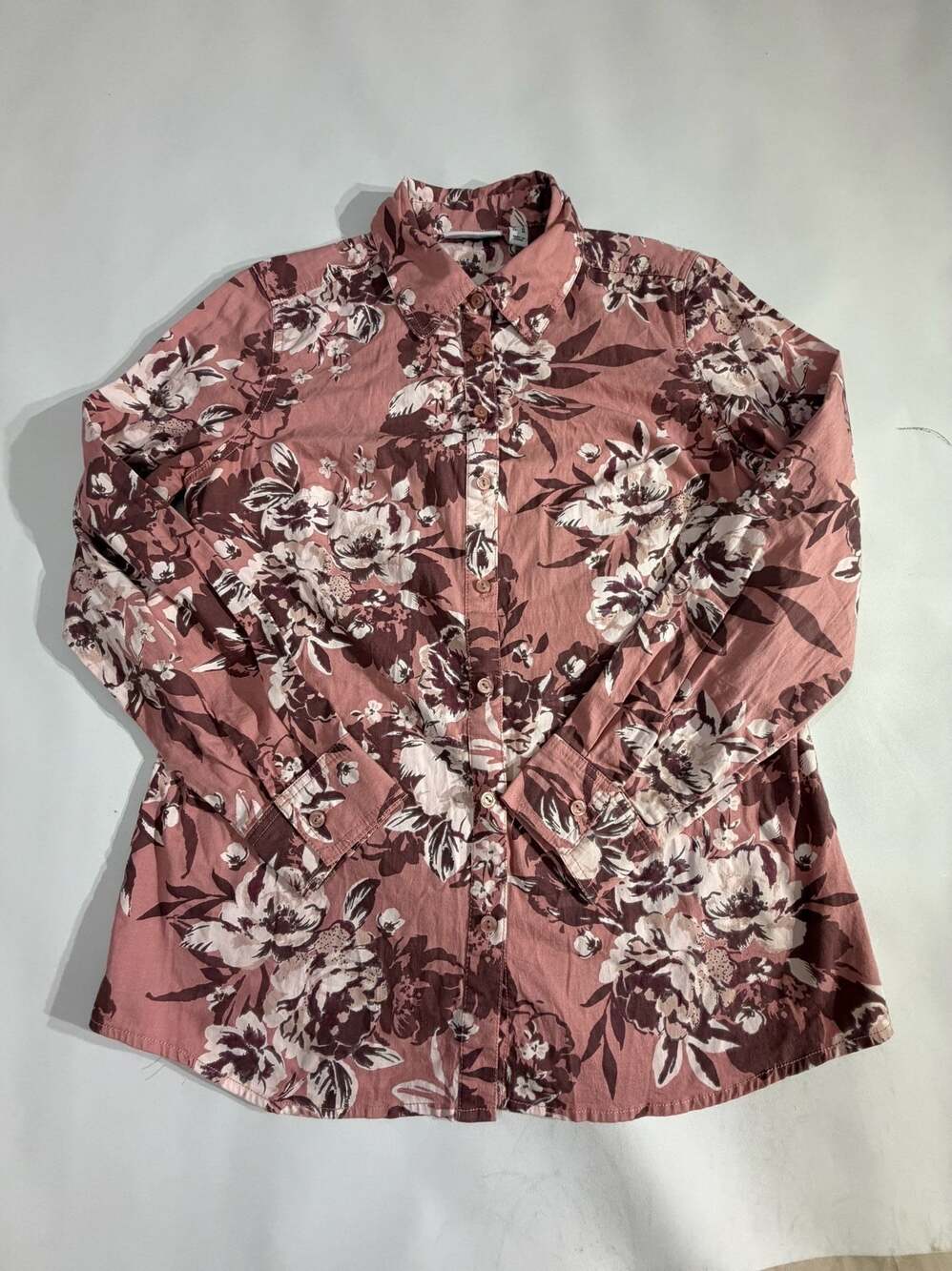 Denim & Co D&Co Dusty Pink Floral Button Up Shirt Long Sleeve Womens S